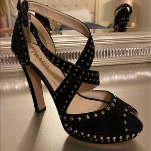 Prada peep toe studded pumps